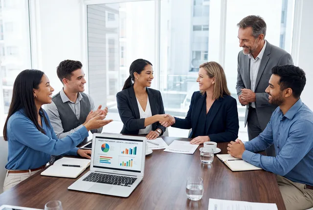 meeting, conference, business, office, team, collaboration, agreement, handshake, partnership, corporate, professional, discussion, presentation, chart, graph, laptop, documents, strategy, negotiation, success, leadership, workplace, formal, ai generated. 7 referral programme mistakes UK startups should avoid