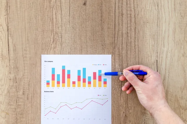 A hand points a pen at business graphs on a wooden table, highlighting data analysis. Check loyalty marketing cost guide data and sources before you budget